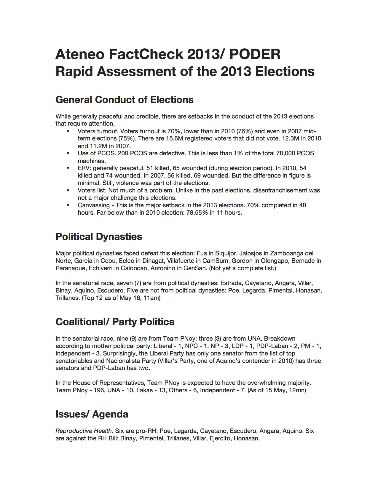 2013 Elections Rapid Assessment